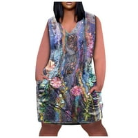 Huachen Ljeto plus veličine V izrez bez rukava sa džepom Print Casual haljina za žene