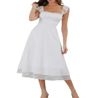 Ženska haljina u obliku letnjeg ugrađenog struka bijela kvadratna vrata od čipke TRIM HEM HEM Clubwewer