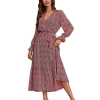 Ženska casual haljina cvjetni print dugih rukava V V Crt Pleased Belt a linija Flowy Maxi haljina za