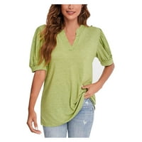 Ženske vrhove kratkih rukava labava bluza od pune boje ženske majice V-izrez ljeto zeleno m