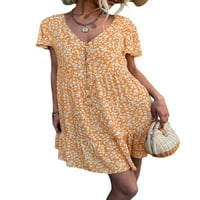 GENUISKIDS Ženski ljetni boho kratki haljina kratki rukav V izrez cvjetni gumb za ispis Up ruffle kratka