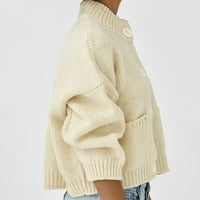 Yubatuo Womens Dukseri Jednobojni džepni džep Visoki vrat Duks jakna Cardigan džemperi za žene Bež XL