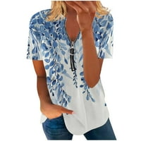 Penkaiy ženska modna labava udobnost V-izrez Zip Ispis kratkih rukava Top bluza Ljetne košulje i bluze l plava na klirensu