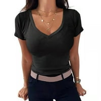 Ženski kratki rukav Omber Boja boja trendi labavi fit ljetna rebrasta pletena majica v izrez mekani