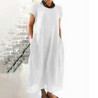 Stabilne ljetne haljine za žene Žensko ljetno casual pune boje kratkih rukava O-izrez za šivanje labavog džepa pamučna haljina bijela 4xl