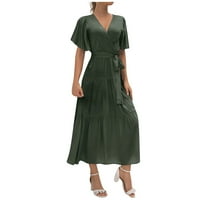 Leylayray Ženska haljina Ženska V-izrez patchwork dugačka haljina s kratkim rukavima zelena xxl