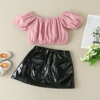 Bagilaanoe Little Girls suknje set ružičasti kratki rukav s ramenim gornjim dijelom ramena + PU kožna