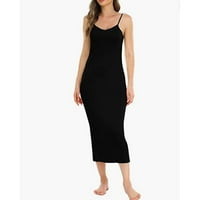 Haljine za žene bez rukava zaklopke Dužina Leisure V-izrez Čvrsta haljina crna xl