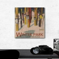 Znak drveta, spreman za obnavljanje dekora, zimski park, Kolorado, šarene skije