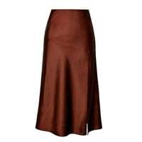 Aaimomet Midi suknja Žene Casual High Sheik sjajno saten Solid Color SIT MAXI suknja, smeđa X-velika
