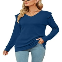 Calzi čvrsta boja tunika Bluza Ladies Loover Pulover obična majica V izrez dugih rukava majica Plavi