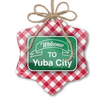 Božićni ukras zeleni znak Dobrodošli u Yuba City Red Plaid Neonblond
