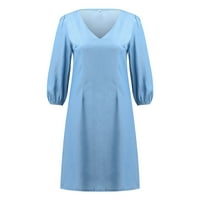 Žene V izrez Trokrevetna rukav elastična mini haljina, modna haljina od pune boje Plava L