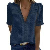 Ženska modna čipka kratkih rukava Ležerna majica V-izrez Solid Color Top