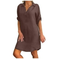 Bescita Women Plus size čvrsta pamučna posteljina okreću se ovratnik labava haljina
