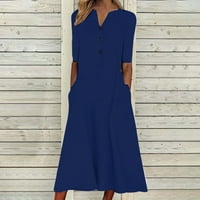 Haljine za žene Dužina koljena kratka rukava Ležerna A-line ispisana V-izrez ljetna haljina tamno plava