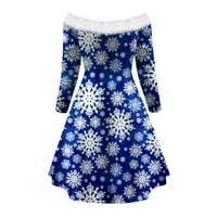 Ženske haljine - povremeni božićni ispisani s dugim rukavima, haljina od koljena za zabavu Plavi XXL