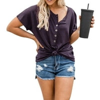 Ženske bluze Moda Ženska labava ljetna majica Solid Boja gumba s kratkim rukavima Top ljubičasta L