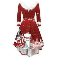 IOPQO HOMEComing haljine Jesenske haljine Žene Božićne haljine s dugim rukavima Snjegović tiskani Faux-Plish
