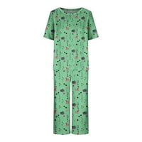 Pajamas setovi za žene tiskali su dva majica s kratkim rukavima i kaprim hlače sa džepovima Loungewear Pajamas setovi, zeleni a