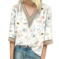 Retro moda Ženska majica kratkih rukava majica HOLLOW V-izrez cvjetni ispis casual vrhovi Vintage Loose