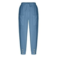 Clears Fashion Women Ljeto Ležerne prilike Labavi pamučni i posteljina Džep Solid pantalone Plave L