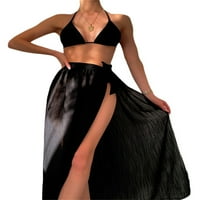 Ženski ljetni bikini setovi viseći vrat grudnjak + crni thong + visoka struka Split suknja