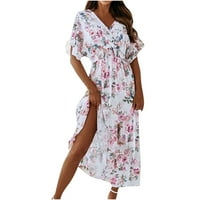 Ženska modna haljina s kratkim rukavima V-izrez Cvijeće za vrat Print Beach Leirure Duga haljina