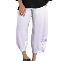 Relanfenk Ženski gradijent cvjetni print labavi elastični pamučni posteljina džepa natkrivene hlače