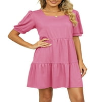 Niuer Women Ljeto plaža Sundress Solid Boja kratke haljine rukave mini haljina seksi kvadratna vrata ružičasta 2xl