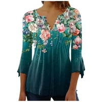 Qcmgmg majice za žene Trendi klasični fit Ljetni tunički vrhovi cvjetni rukavi Flowy Bulled Henley T