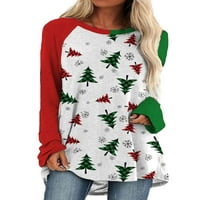 Ženski božićni vil snijeg Ispis majica Boja blok okrugli vrat Xmas Tunic Tocs Ležerne bluza s dugim