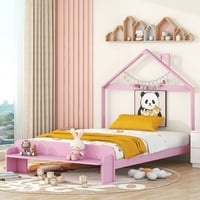 Drvena platforma krevet sa uzglavljem u obliku kućica i nogu ružičaste boje ružičaste - pune