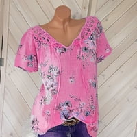 Scyoekwg majica s kratkim rukavima za žene čipke V-izrez Tunic Tops cvjetni otisak Trendi casual labavi grafički teže udobni ljetni vrhovi Pink xxl