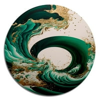 Art Designart 'Smaragdni zeleni i zlatni apstraktni valovi IV' Moderna metalna okrugla zidna umjetnost