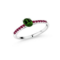 Gem Stone King 0. CT ovalni zeleni hromirani diopside Crveno stvorio RUBY 10K bijeli zlatni prsten