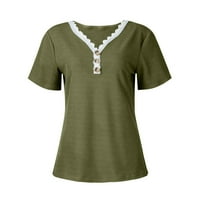 Ženski vrhovi ženske kratkih rukava od pune čipke patchwork V izrez rebraste majice sa slobodnim letnjim ležećim pletenim tuničkim dresima vojska zelena m