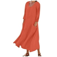 Ženska modna casual puna rukav džepna haljina za rukavu labav okrugli vrat duga haljina