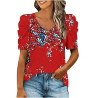 Ženski bluze Žene Ljeto kratki rukav Ležerne prilike ispisane V-izrez majice za bluzu crvena l
