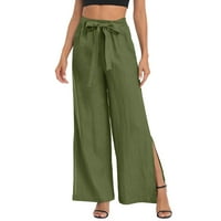 Čvrsta boja ravne hlače na širokim nogama Žene Capris pantalone elastični visoki struk Splitske pantalone