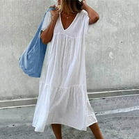 Ženska V-izrez modna tiskana dužina gležnja A-line ljetna haljina s kratkim rukavima bijela s