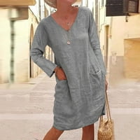Žene Ljetna haljina Ženska ljetna casual puna boja Dugo rukava V-izrez za šivanje labavog džepa pamučna