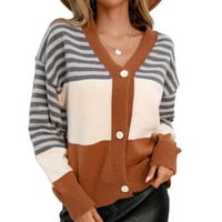 Žensko dugme pletena kardigan prugasta kontrastna ploča kratka jakna Khaki XL