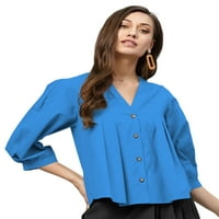 Eloria Women Top V izrez punog rukava sa spuštenim dugmetom dole pamučna majica, boja: plava