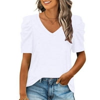 Ženska ležerna majica Solid V-izrez Slatki puff rukava s kratkim rukavima, bluza s kratkim rukavima