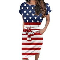 Holloyiver Ljetne haljine za žene Trendy 4th jul Striped kratkih rukava Američka zastava za ispis kravata