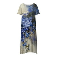 Ljetna ženska duga haljina šareno tiskana haljina s kratkim rukavima s pocke, plavom, xxl
