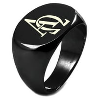 Crni IP pobrijani sterling srebrni alfa i omega simbol ugravirani ovalni ravni vrhunski polirani prsten