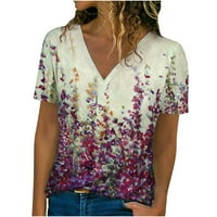 Ženska cvjetna print V-izrez Majica kratkih rukava TOP bluza Pulover Ljetni vrhovi Retro pulover plus
