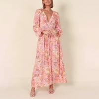 DEEP V Haljina dugih rukava za žene Ženske modne jesenske haljine V-izrez cvjetni print dugih rukava